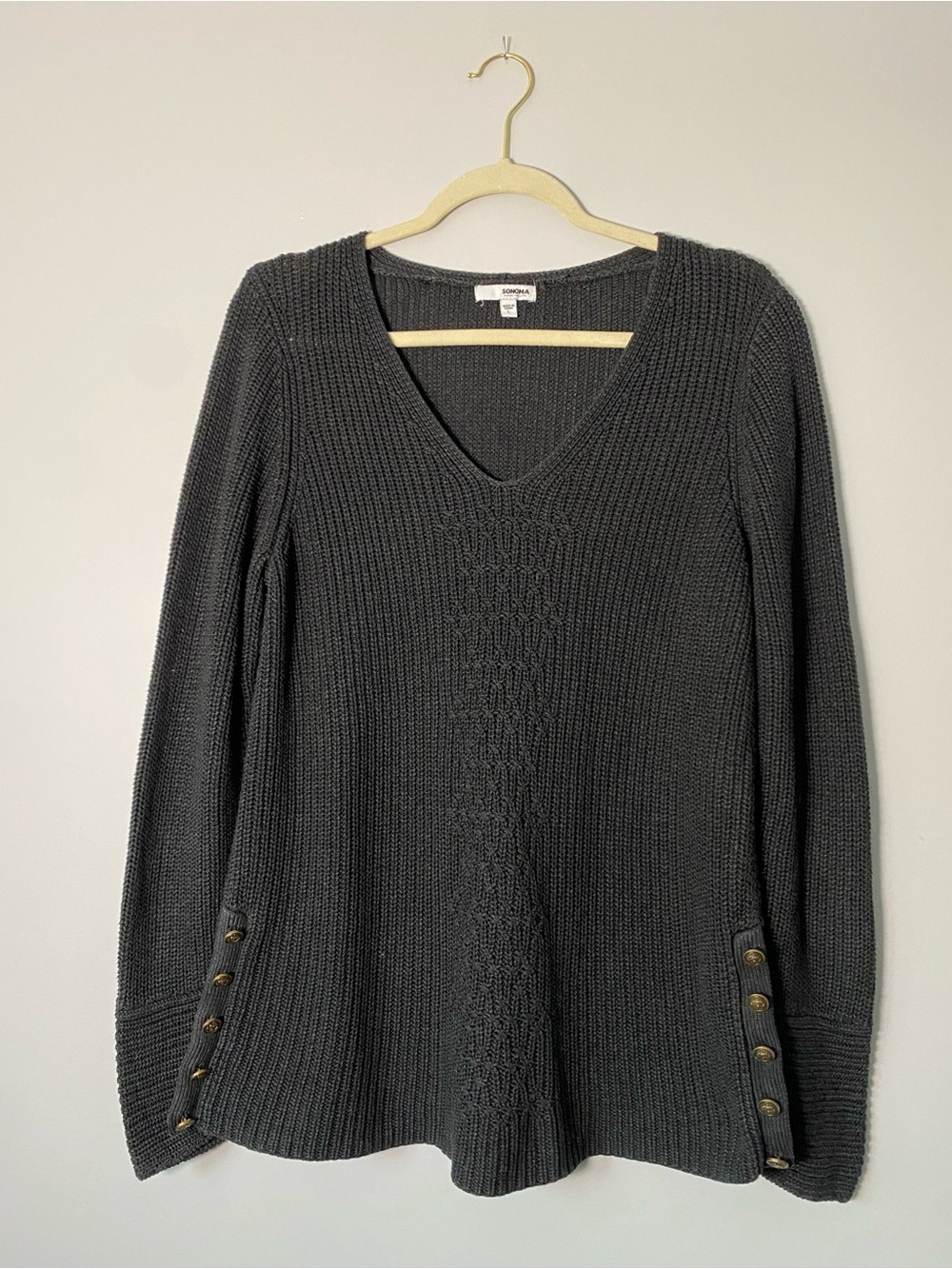 Sonoma Goods For Life Distressed Black V-Neck Button Detail Sweater, Size L